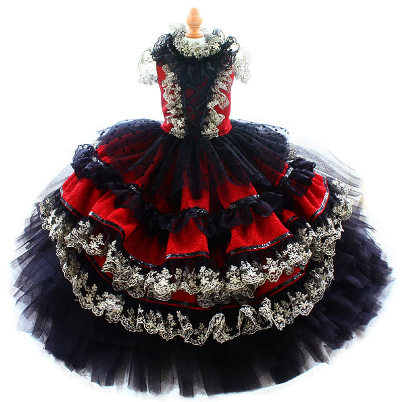 Red Gothic Princess Dog Dress with Black Lace Ball Gown
