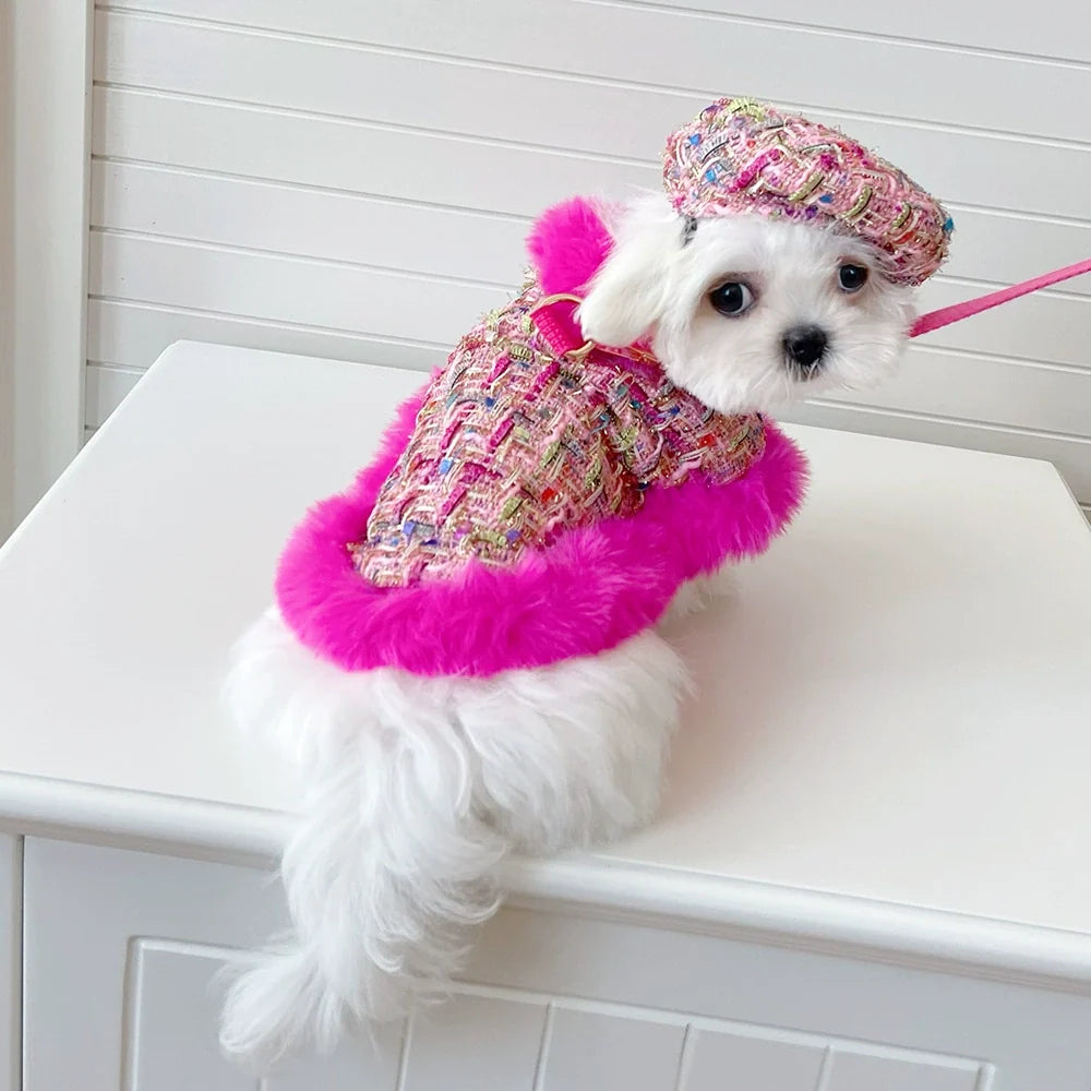 Hot Pink Tweed Dog Cape, Hat and Leash Set