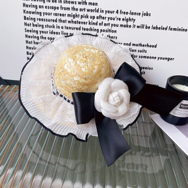 White Lace Straw Pet Hat with Black Bow
