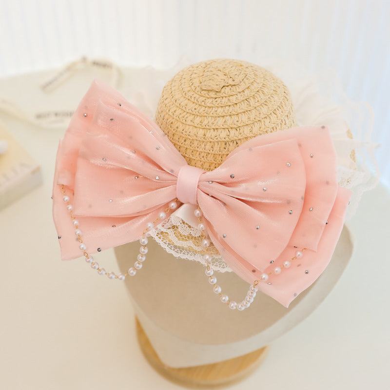 Lace Bow Straw Pet Hat