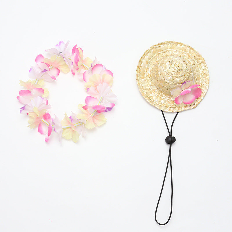 Pet Straw Hat and Flower Lei Set