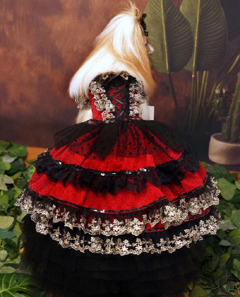 Red Gothic Princess Dog Dress with Black Lace Ball Gown