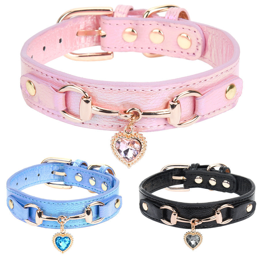 Adjustable PU Leather Dog Collar with Crystal Heart Charm