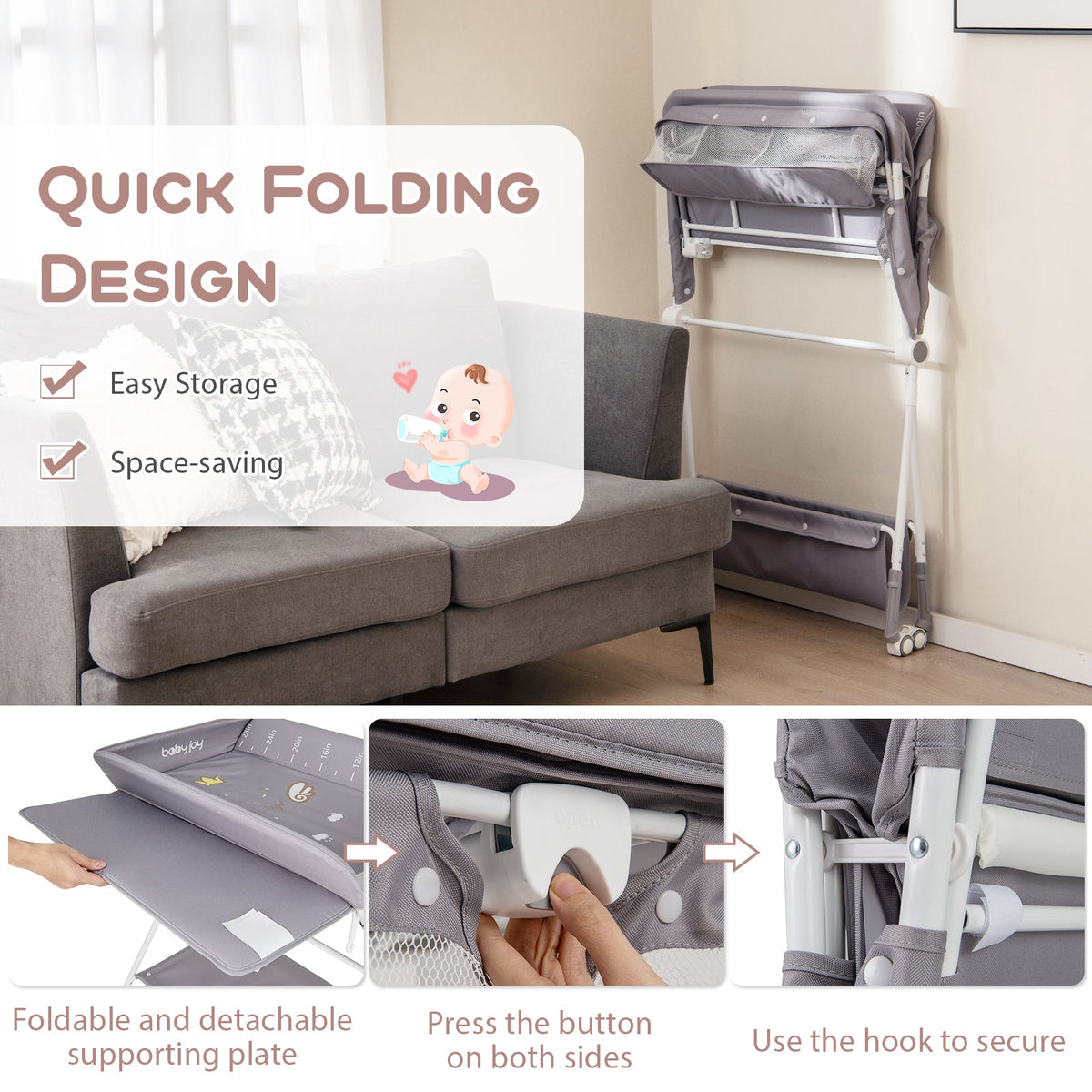 Portable Baby Changing Table with 3-Level Adjustable Height-Gray