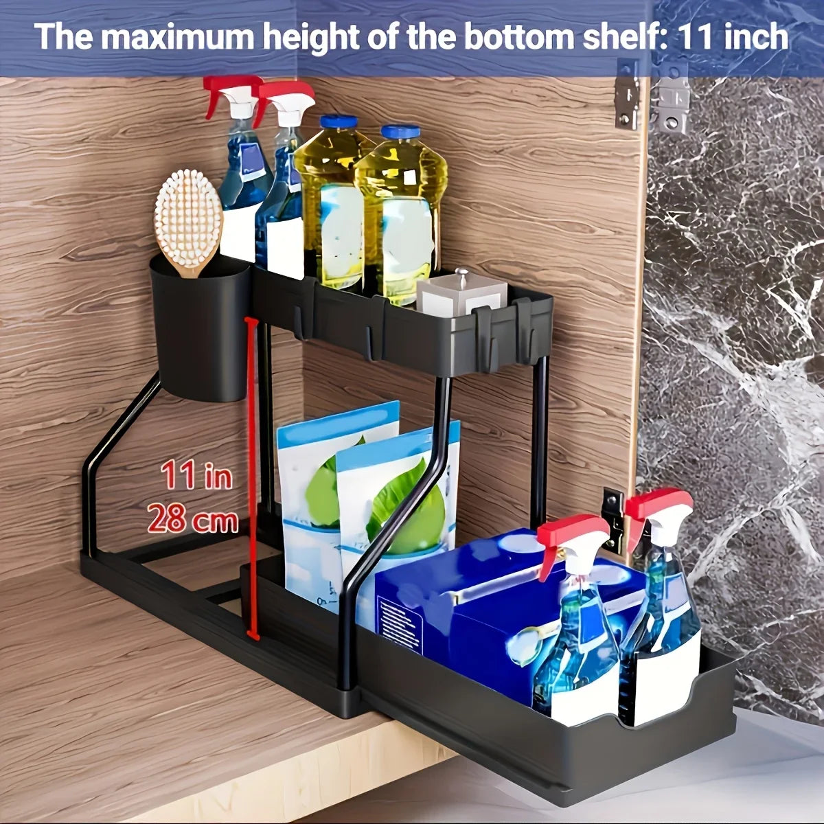 2 Tier Pull Out Storage Space Saving Box R-shaped Simple Durable Large Capacity Kitchen Bathroom Essential Drawer Organizer