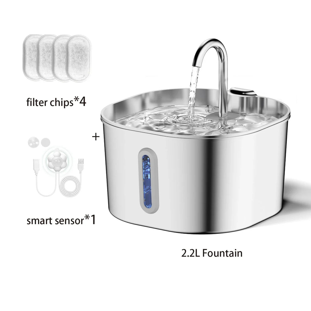 ZYFeeder 2.2L Automatic Cat Water Fountain Square Stainless Steel Pet Water Feeder Dog Water Fountain with window（No 5V 1A Plug）