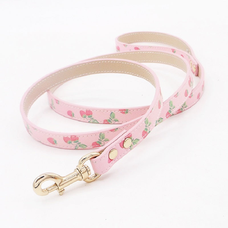 Handmade Strawberry Dog Collar Leash Sets Calf Leather Adjustable