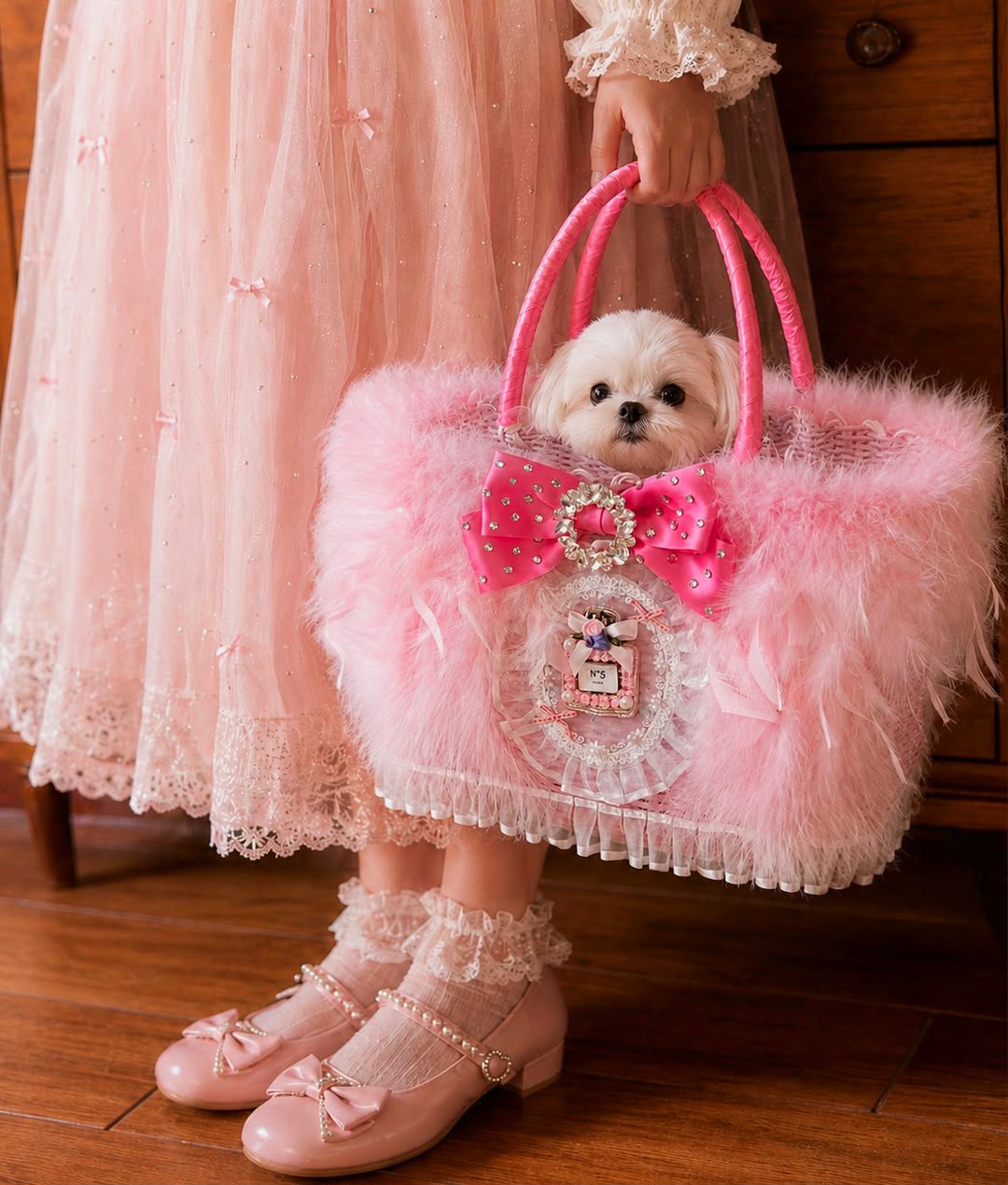 Pink Feather Wicker Pet Carrier Basket