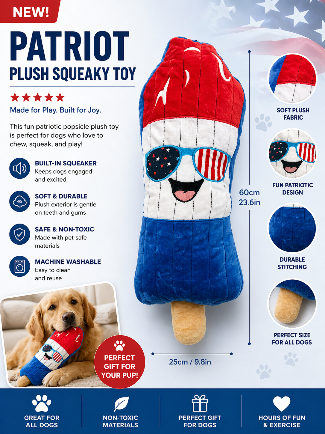23.6 Inch Patriotic Popsicle Plush Dog Toy