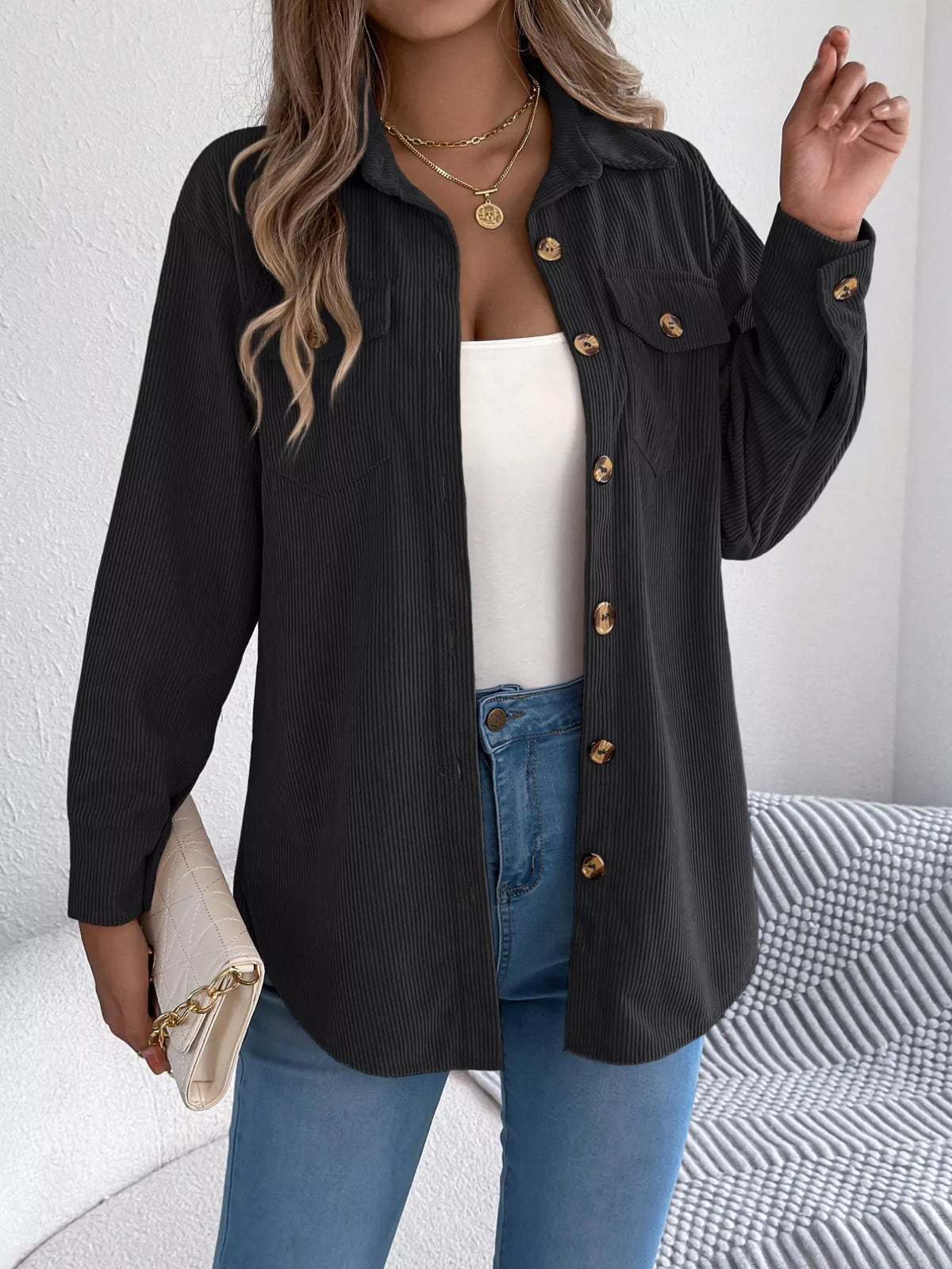 Casual Corduroy Button-Up Shacket