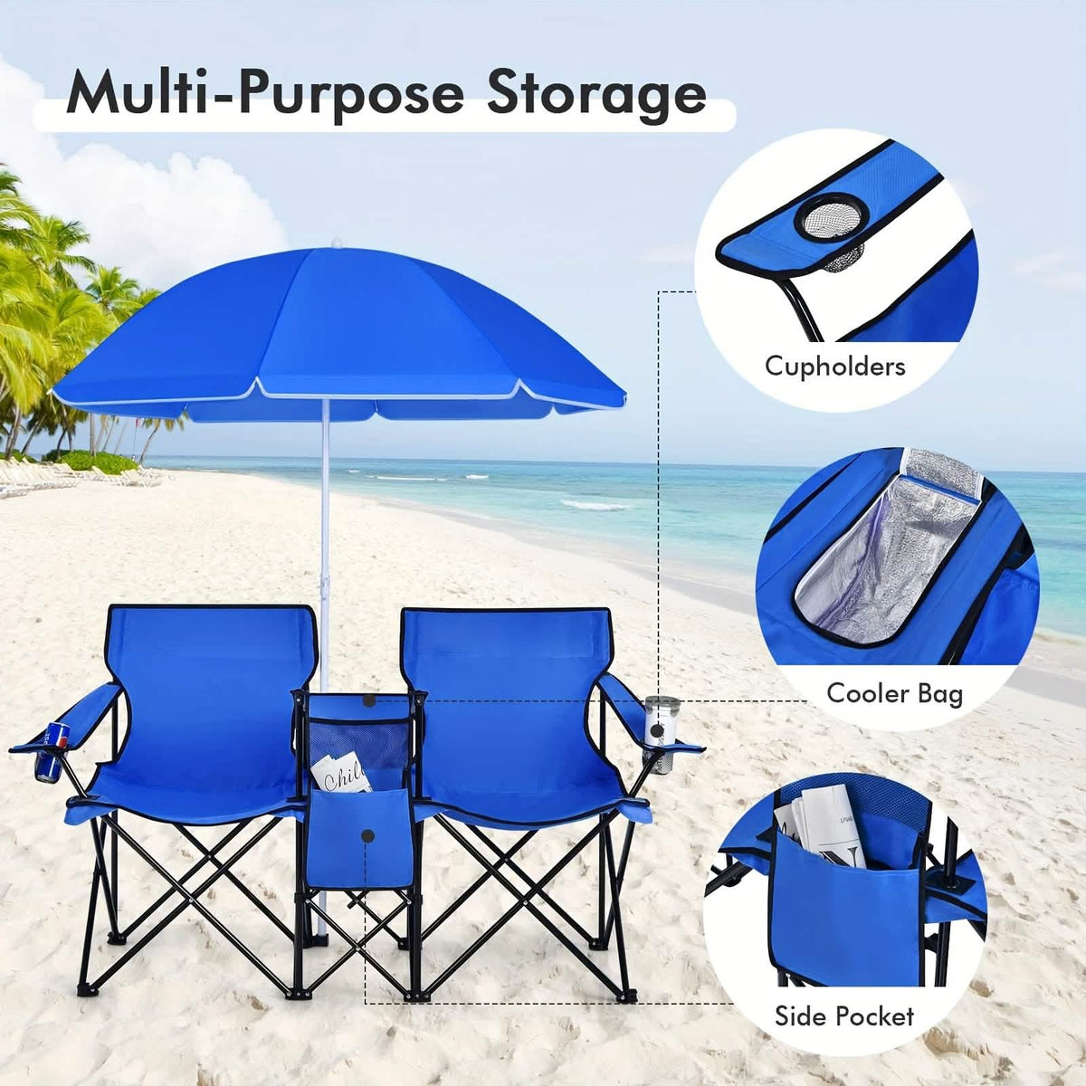 Folding Double Camping Chair with Umbrella (Blue)