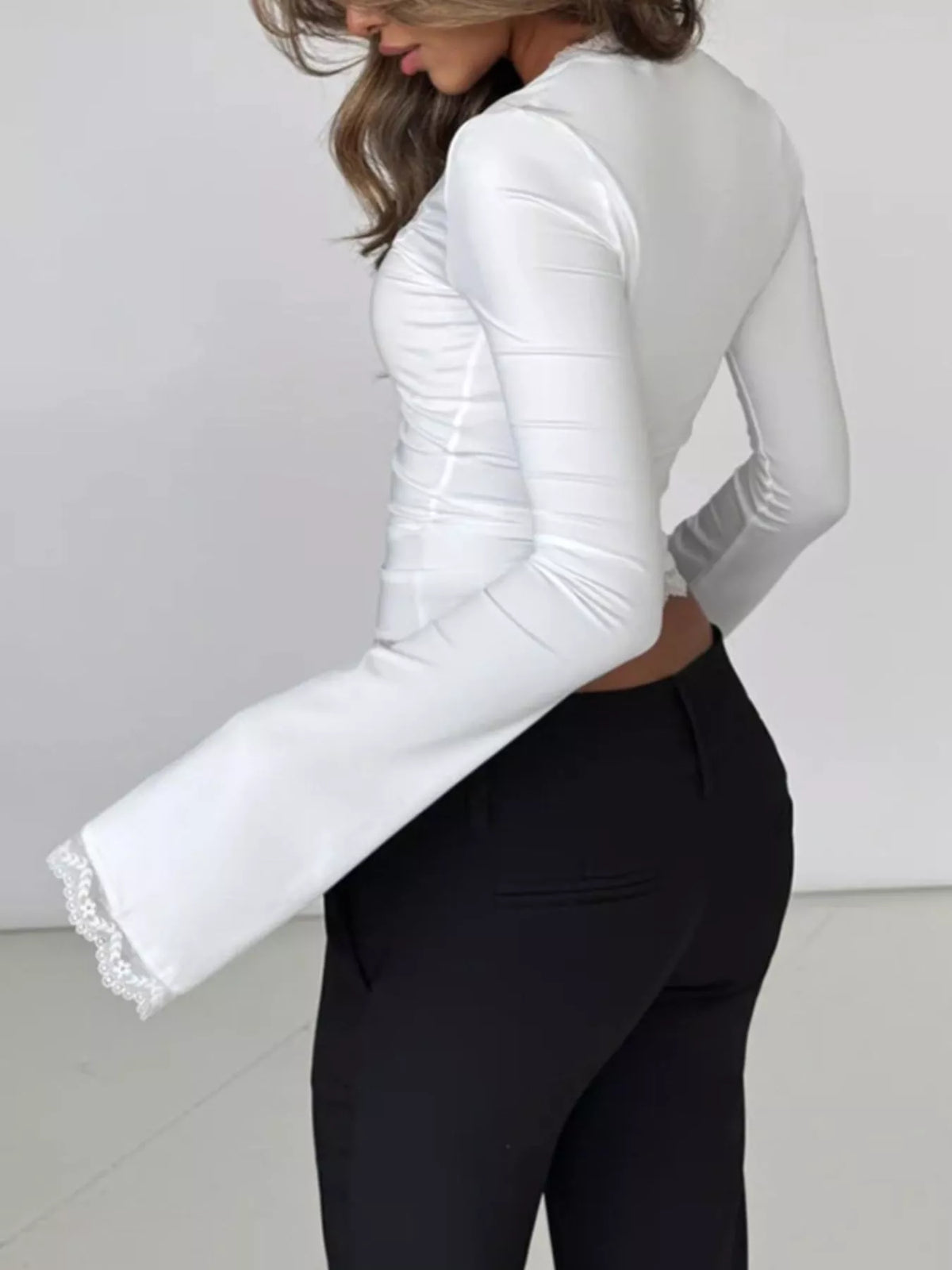 Lace Trim Square Neck Long Sleeve Top
