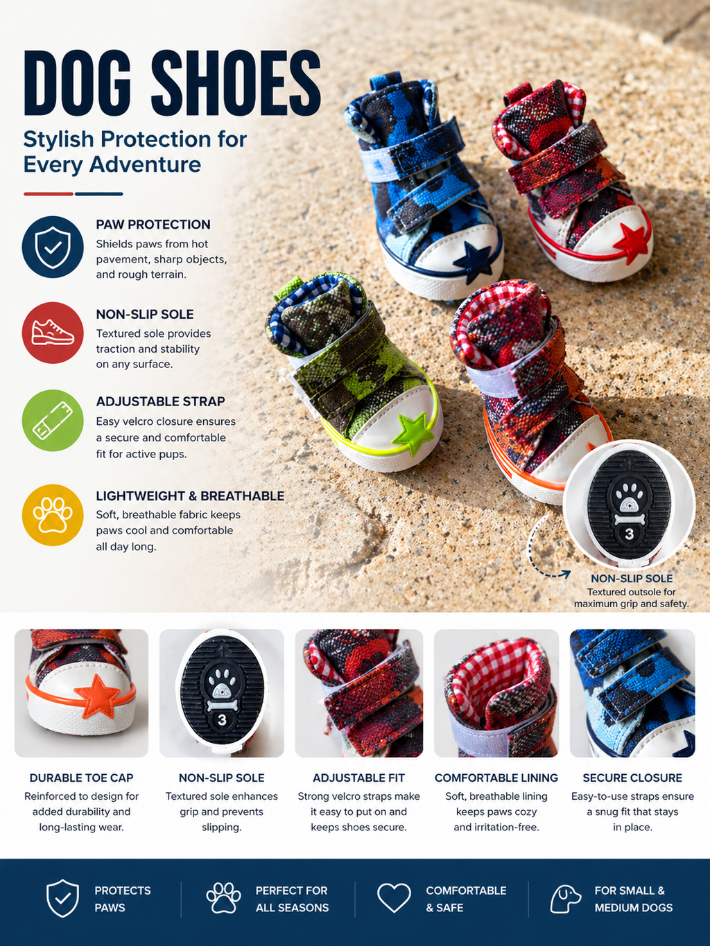 Star High-Top Dog Shoes with Double Straps, Set of 4