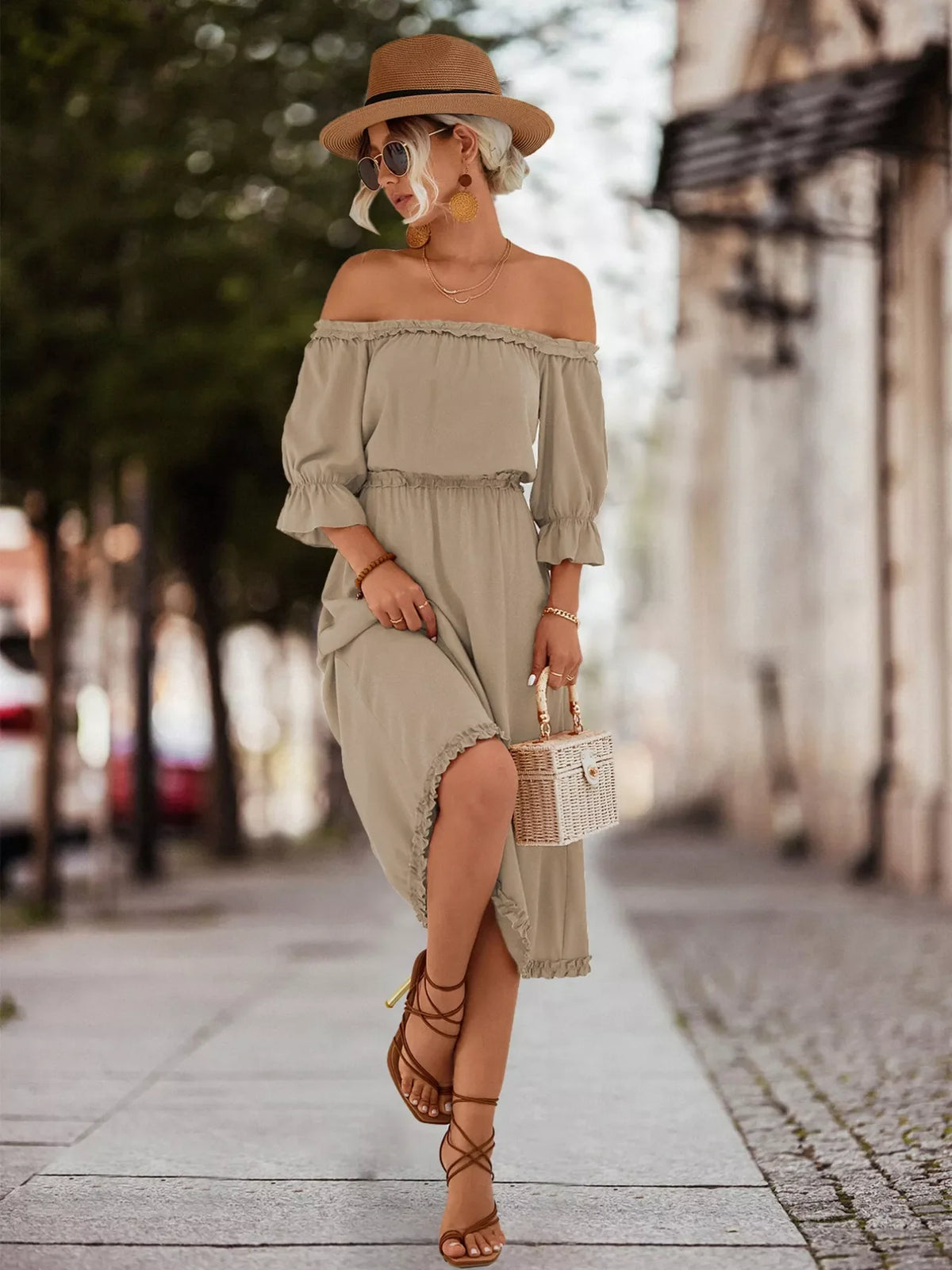 Off-Shoulder Flounce Sleeve Midi Dress