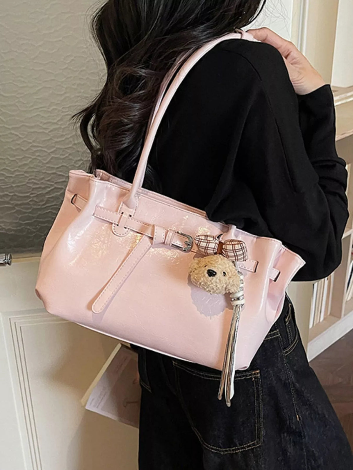 Leather Shoulder Bag with Dog Charm