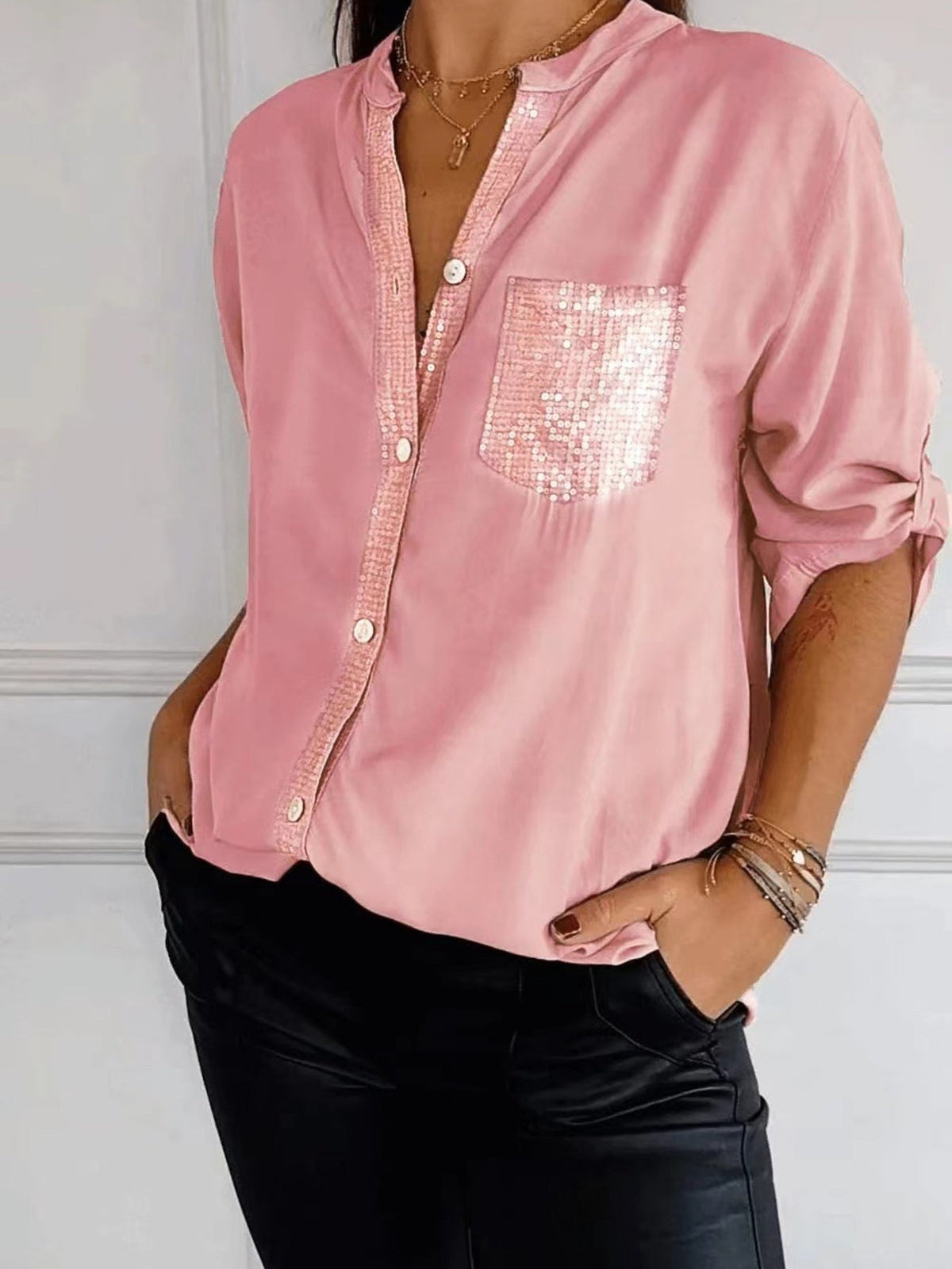 Full Size Sequin Detail Button-Down Shirt Plus Size