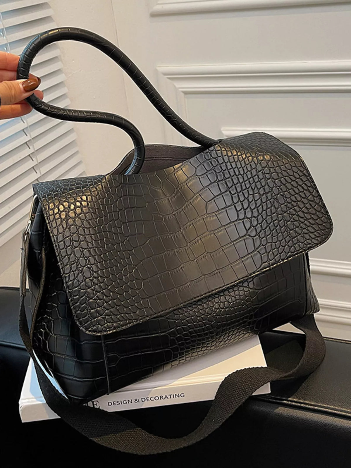 Crocodile Embossed Flap Shoulder Bag