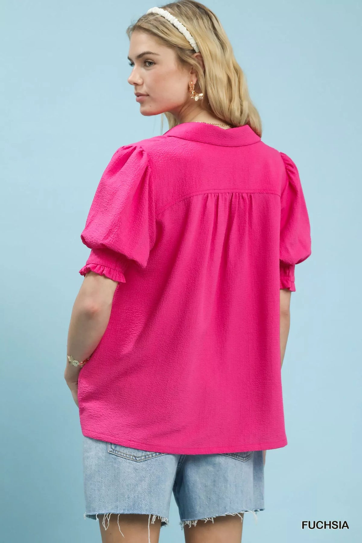 Umgee Seersucker Puff Sleeve Blouse