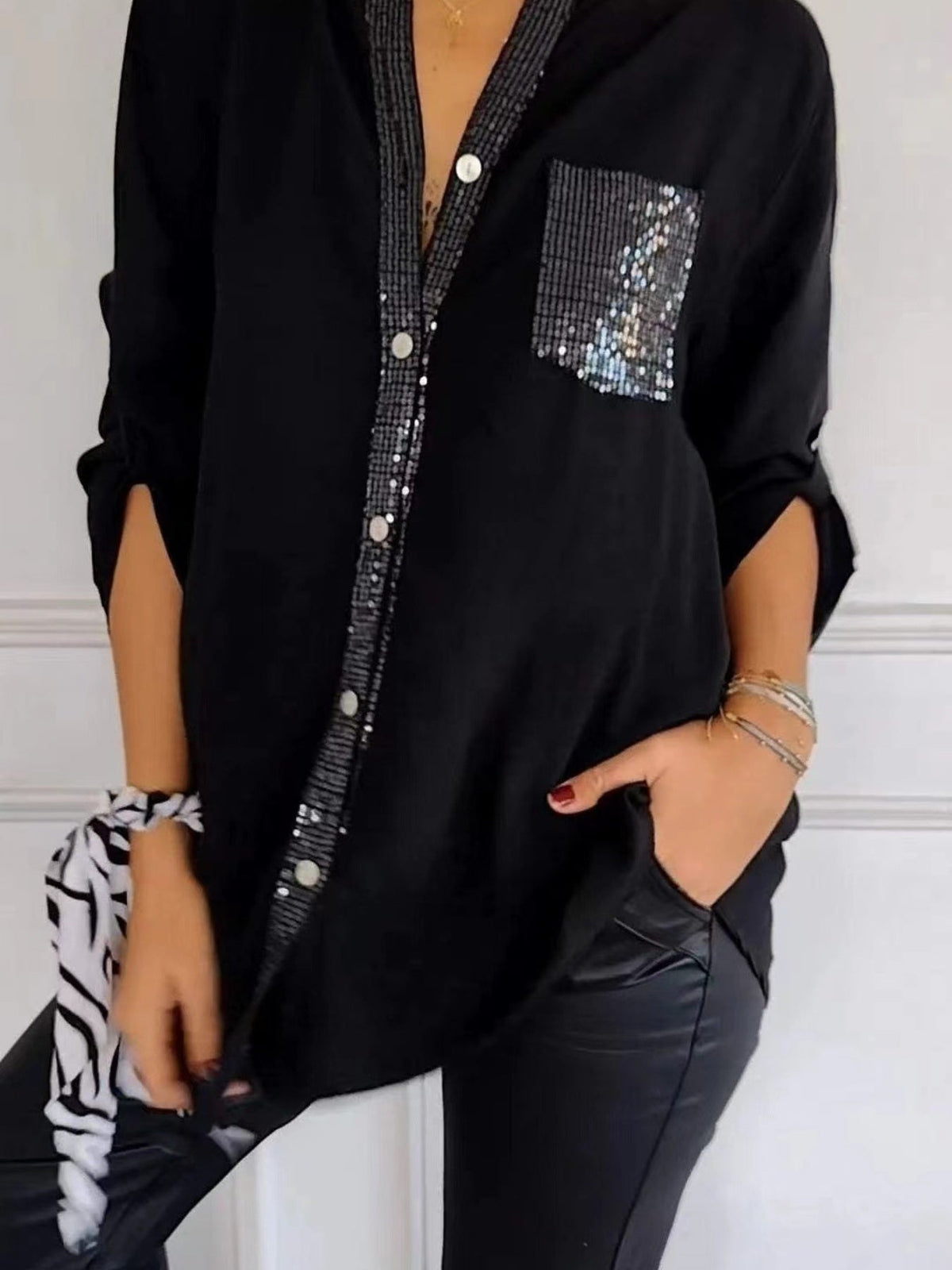Full Size Sequin Detail Button-Down Shirt Plus Size