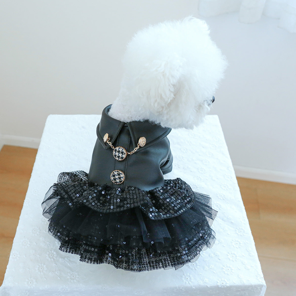Leather Jacket Black Sequin Tutu Dog Dress