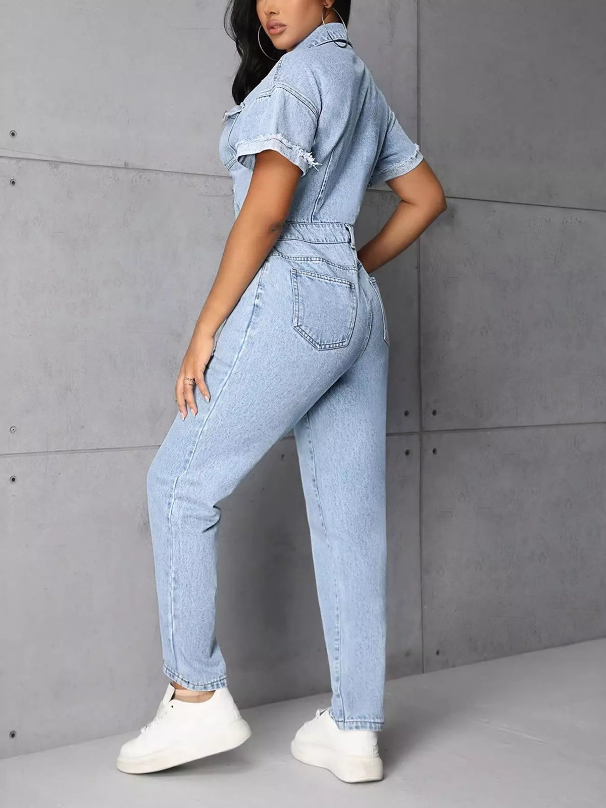 Button Front Short Sleeve Denim Jumpsuit