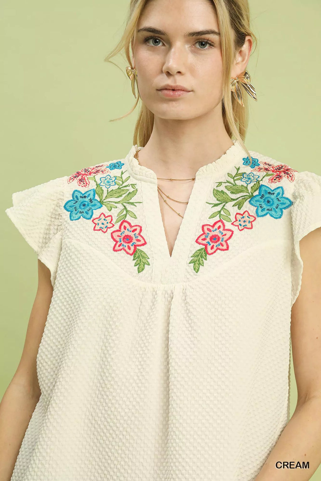 Umgee Embroidered Flutter Sleeve Blouse