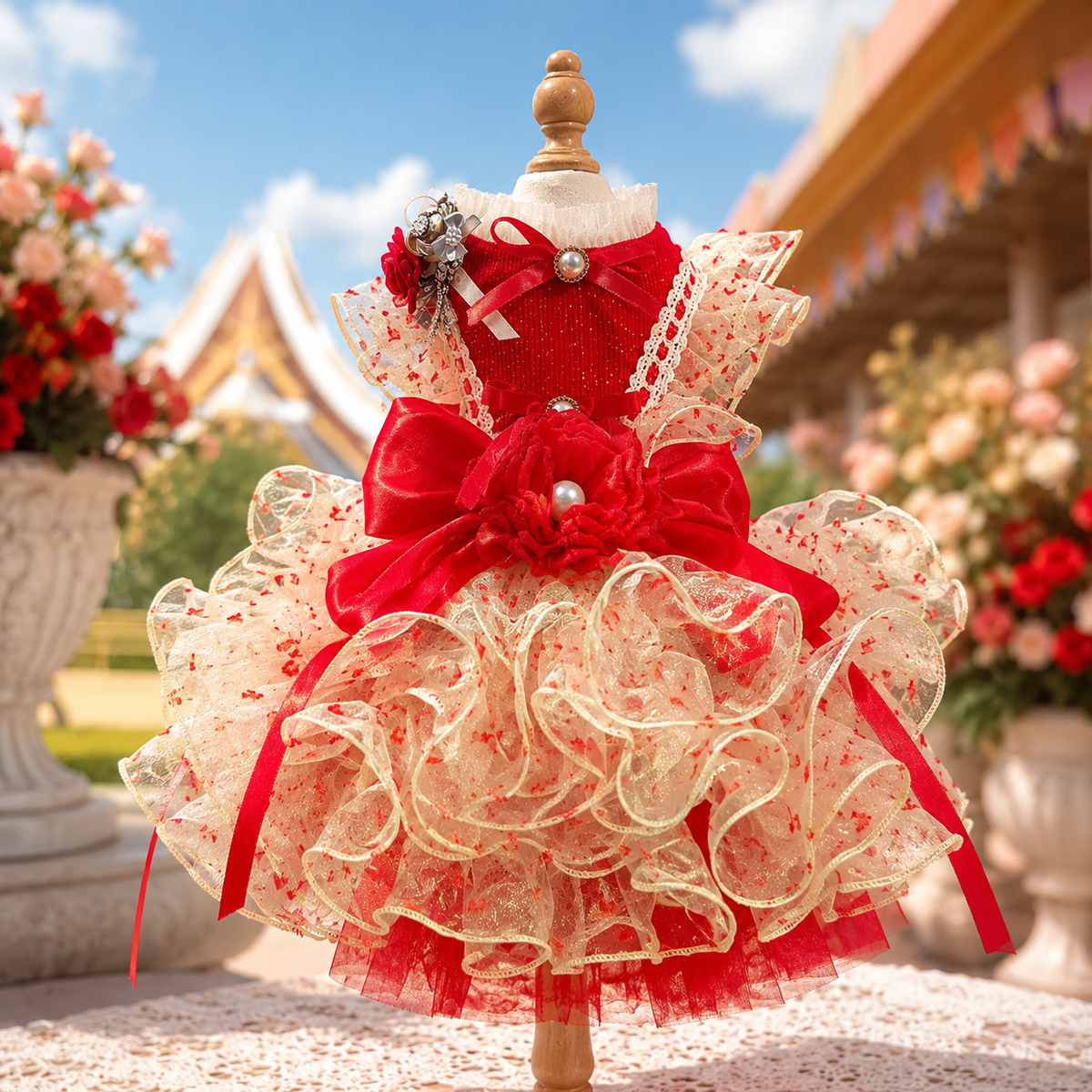 Luxury Red Ivory Pet Wedding Gown with Long Train