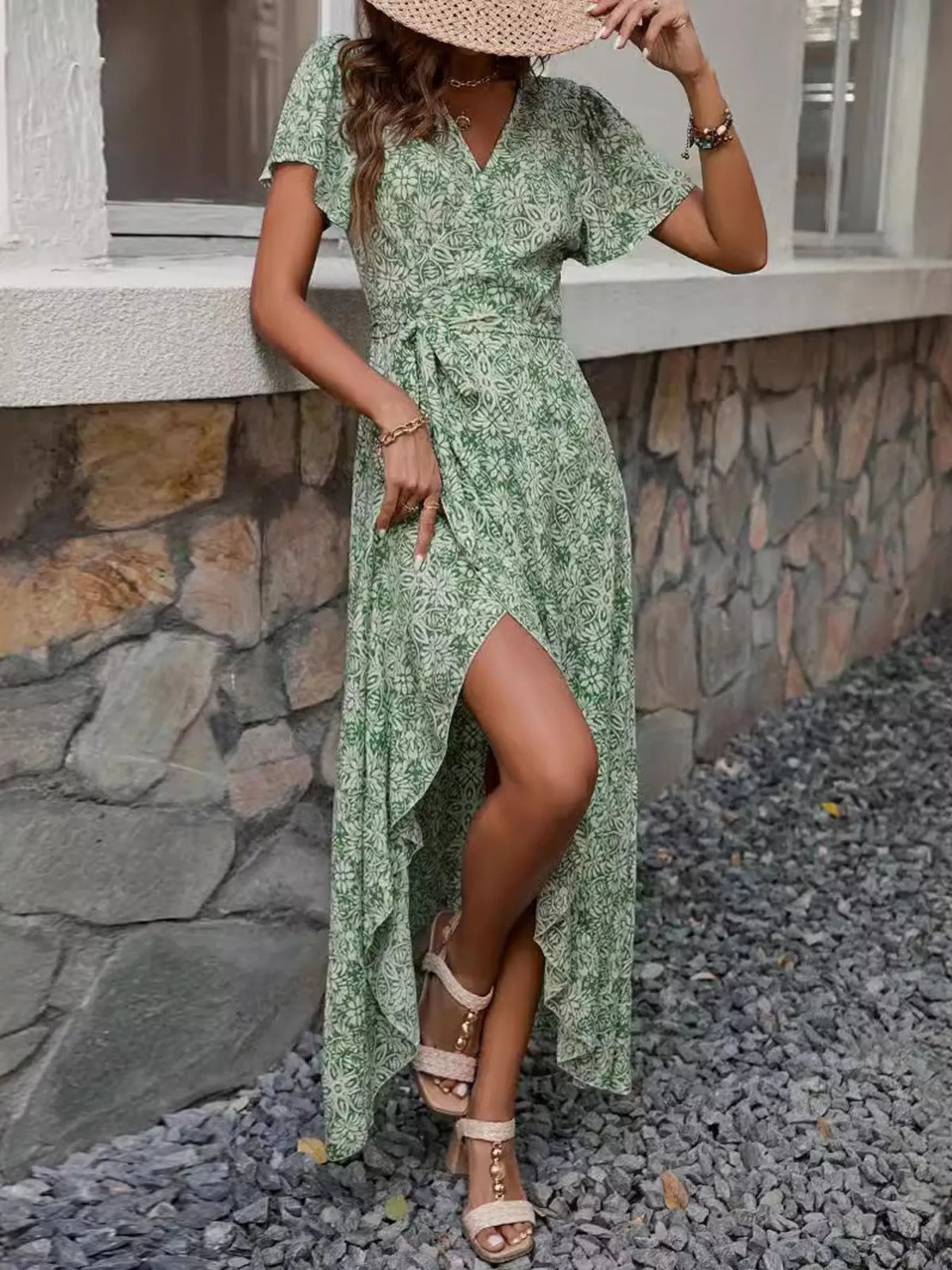 Printed Surplice Maxi Dress with Flutter Sleeves