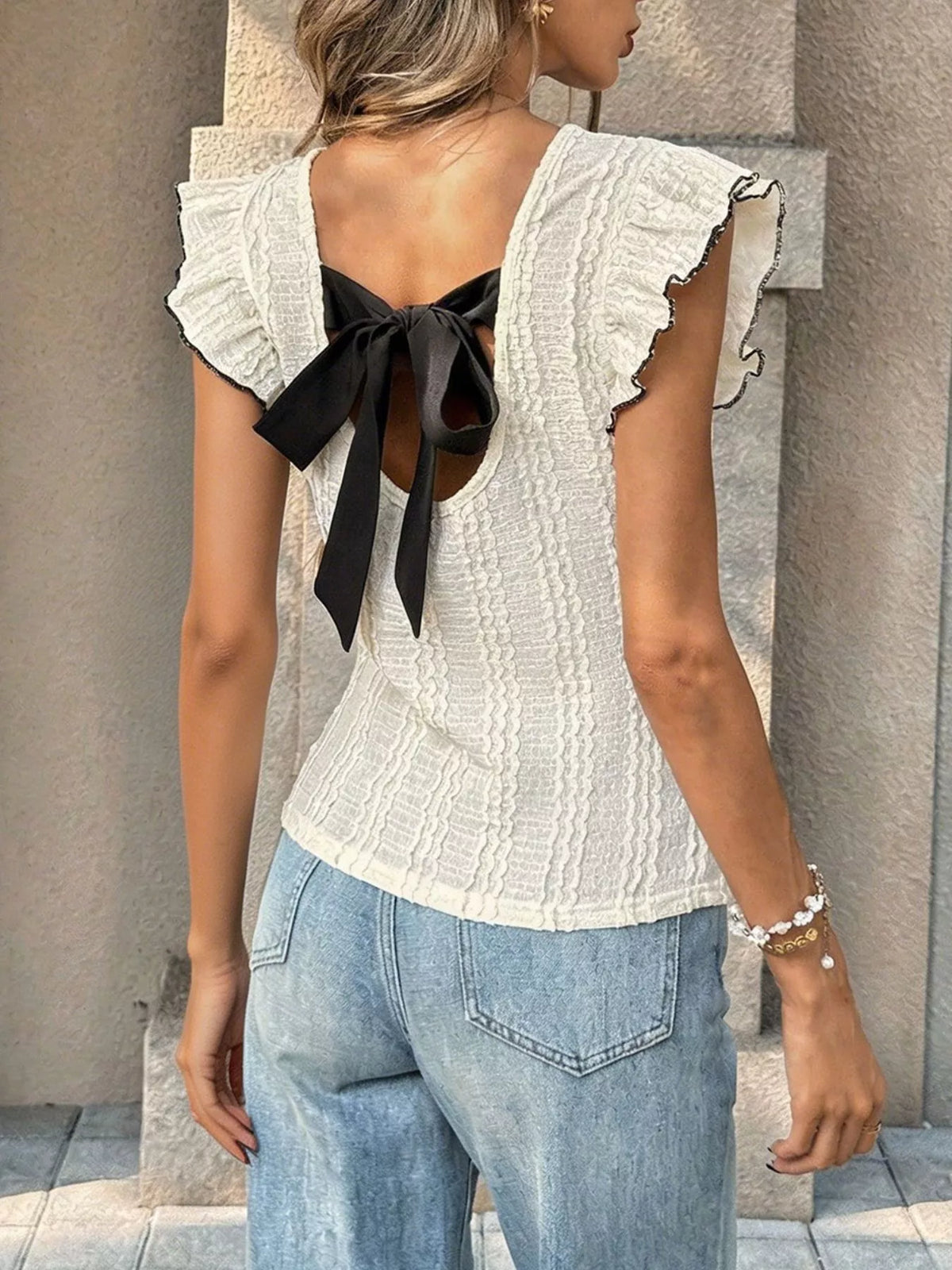Textured Ruffle Sleeve Slim Fit Top