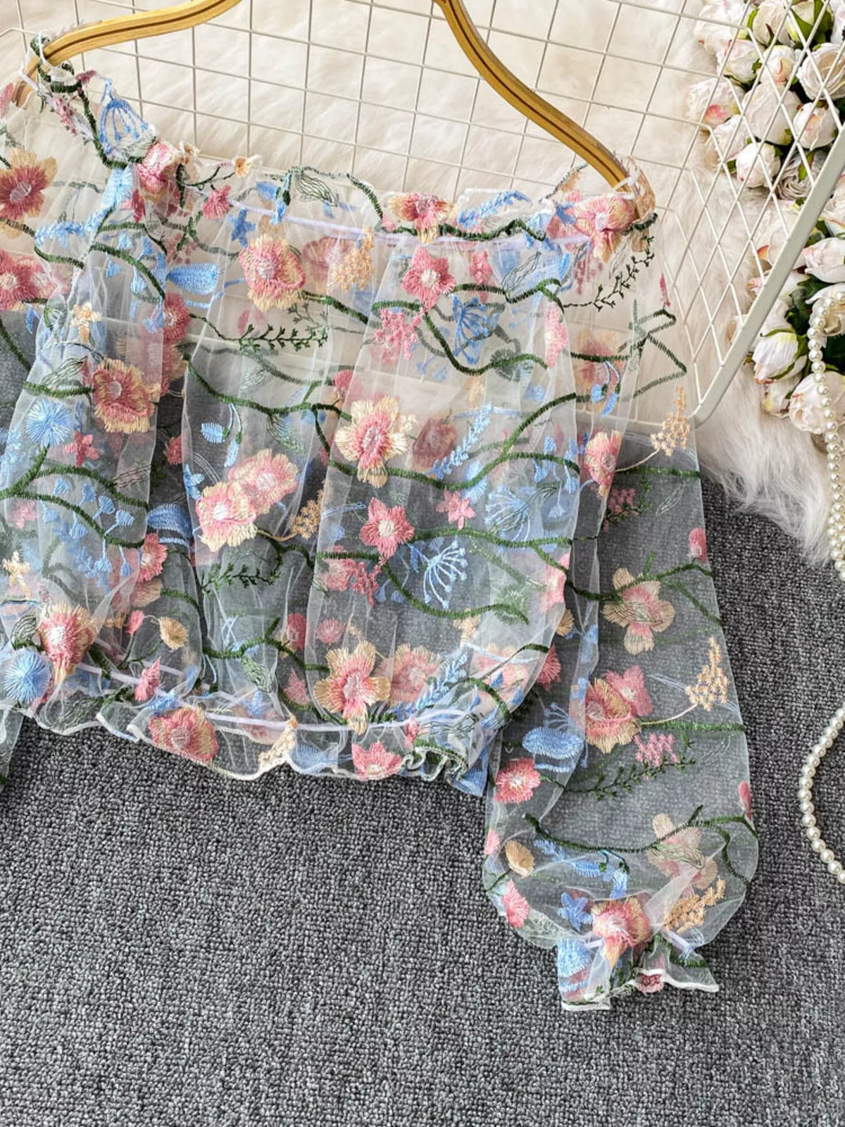 Floral Embroidered Mesh Off-Shoulder Top