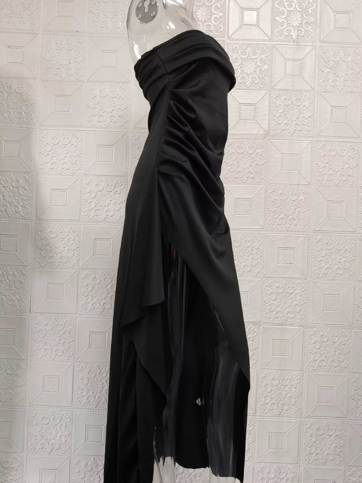 Strapless Ruched High Slit Maxi Dress