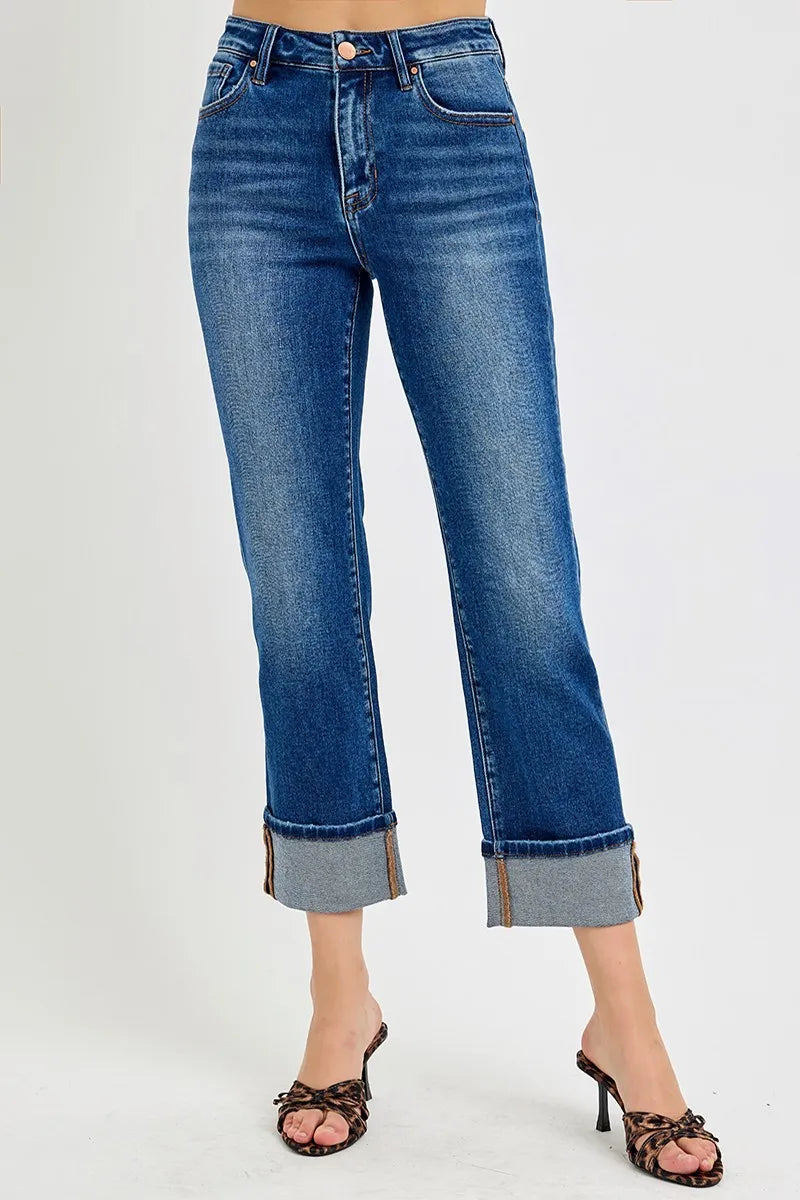RISEN Full Size High Rise Ankle Straight Cuffed Jeans Plus Size