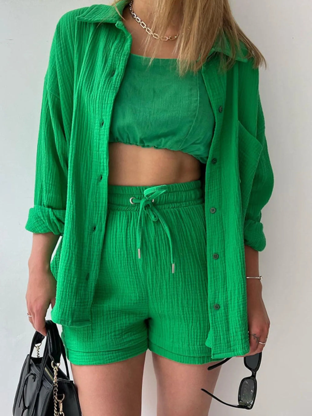 Textured Button Up Shirt and Shorts Set