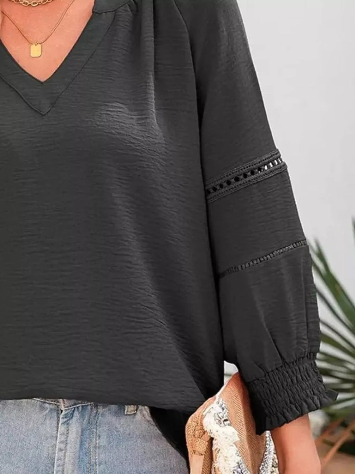Solid Color Smocked Long Sleeve Blouse