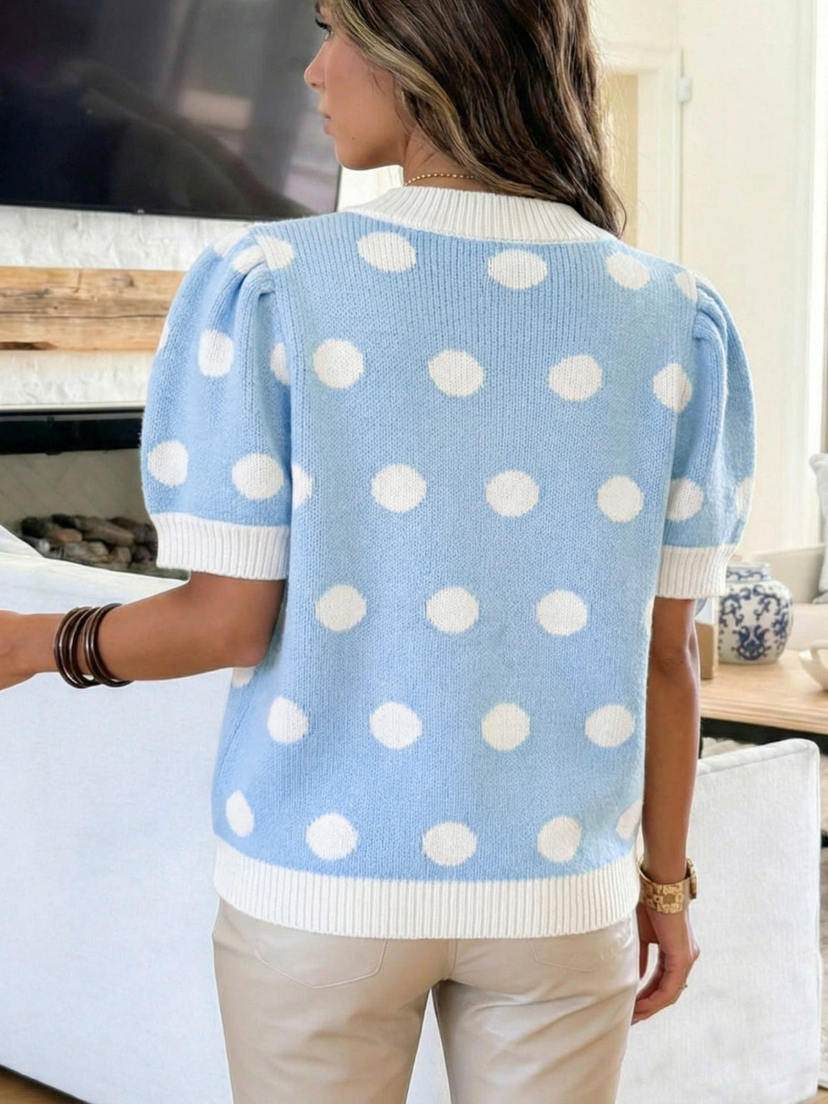 Polka Dot Puff Sleeve Sweater