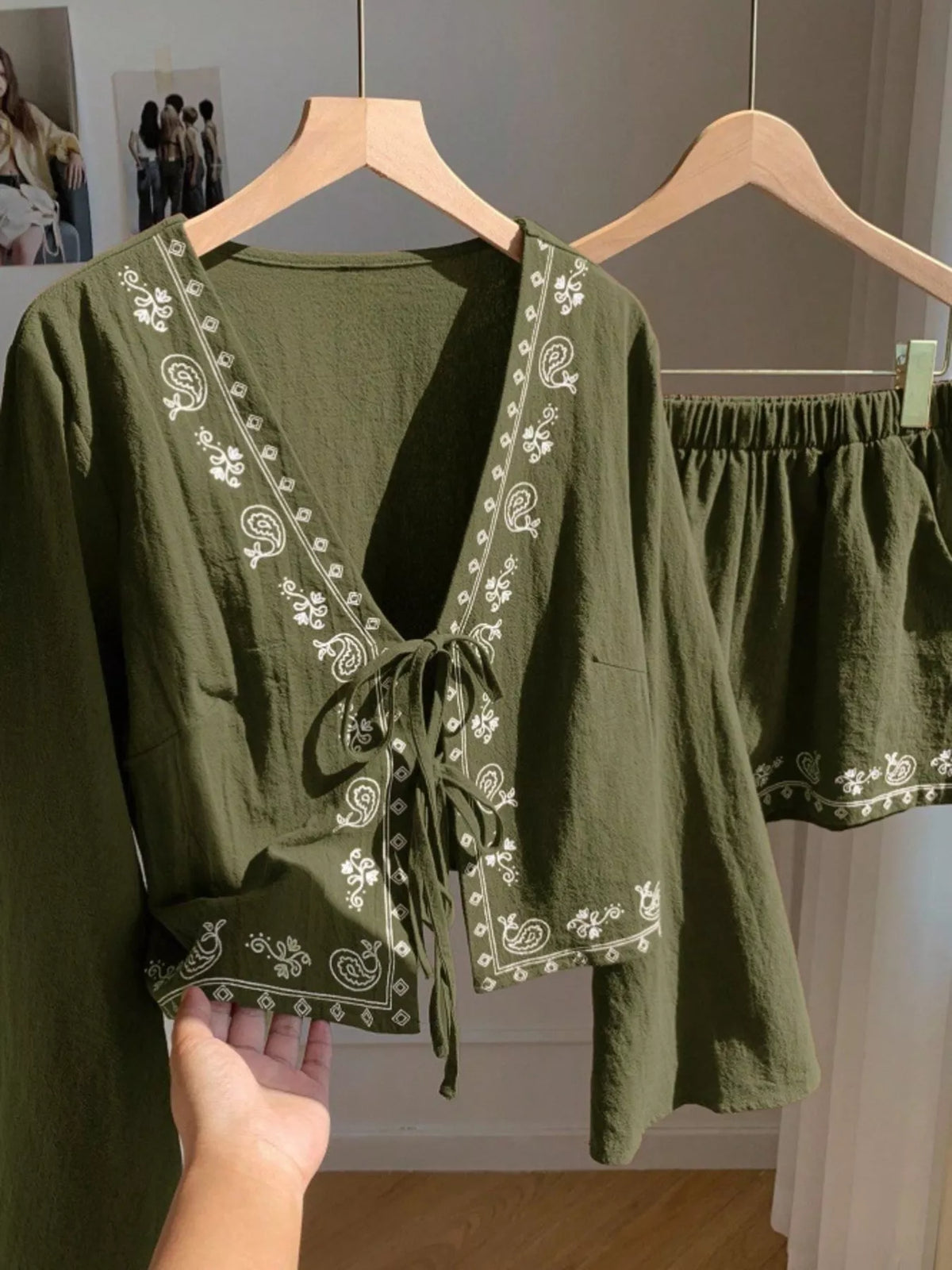 Embroidered Tie-Front Top & Shorts Set