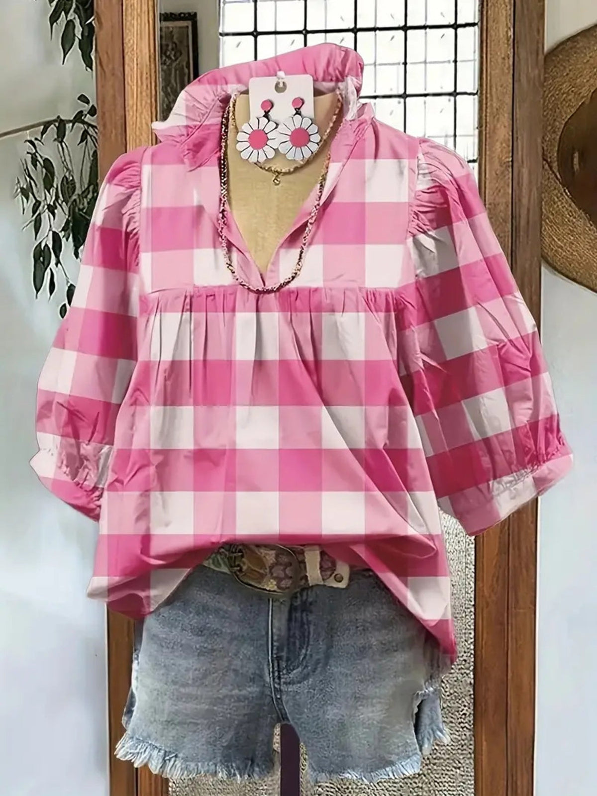 Plaid Ruffle Collar Blouse