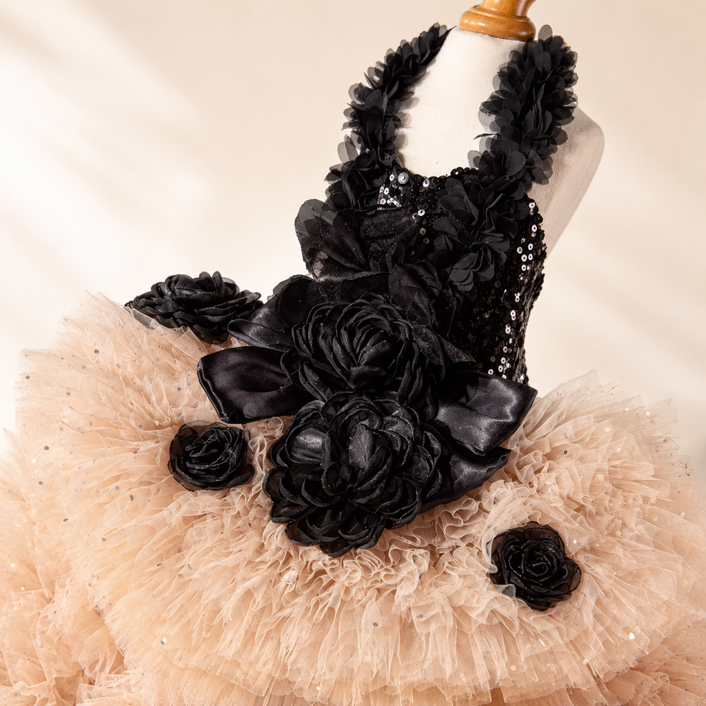 Luxury Black & Champagne Dog Gown with Detachable Train