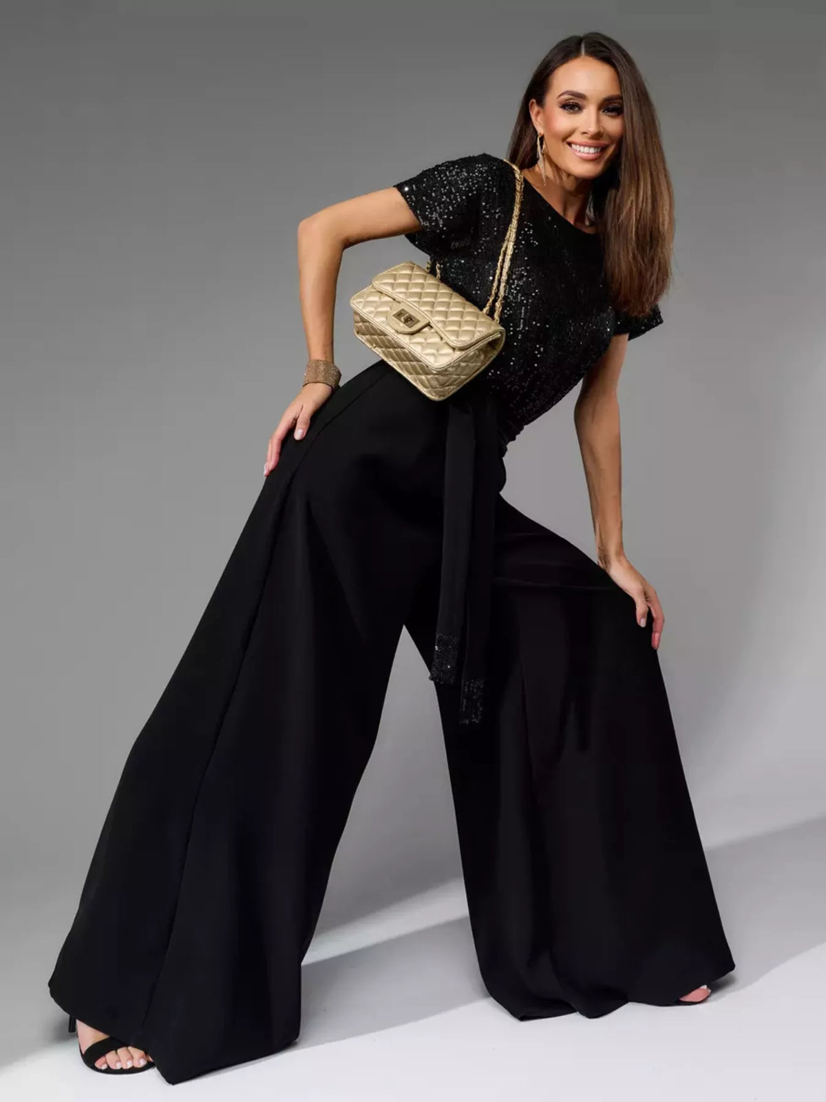 Full Size Sequin Short Sleeve Wide Leg Jumpsuit Plus Size