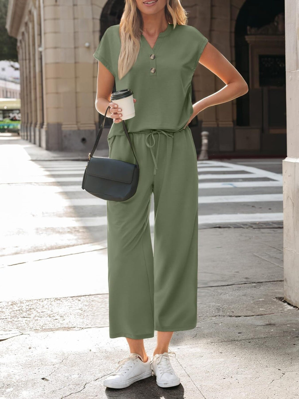 Notched Short Sleeve Top and Pants Set