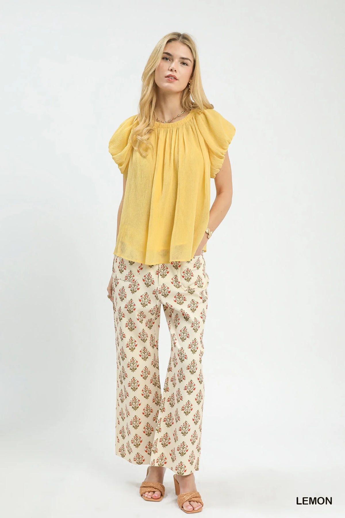 Umgee Crinkle Flutter Sleeve Peasant Top