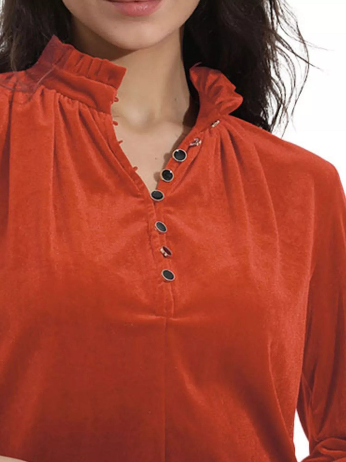 Elegant Velvet Ruffle Neck Blouse