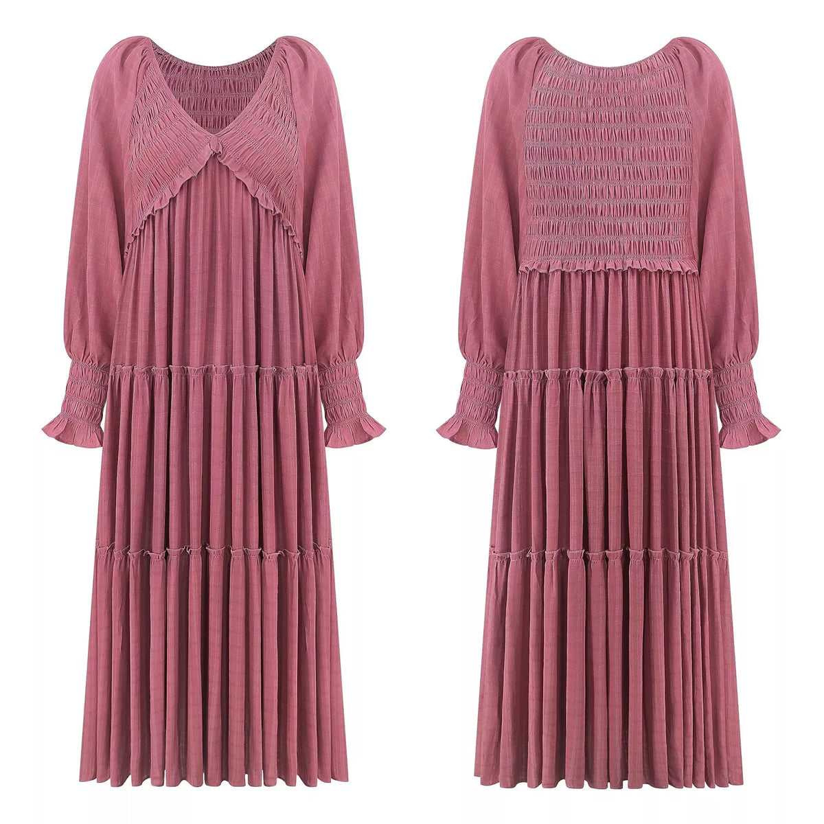V-Neck Long Sleeve Tiered Maxi Dress