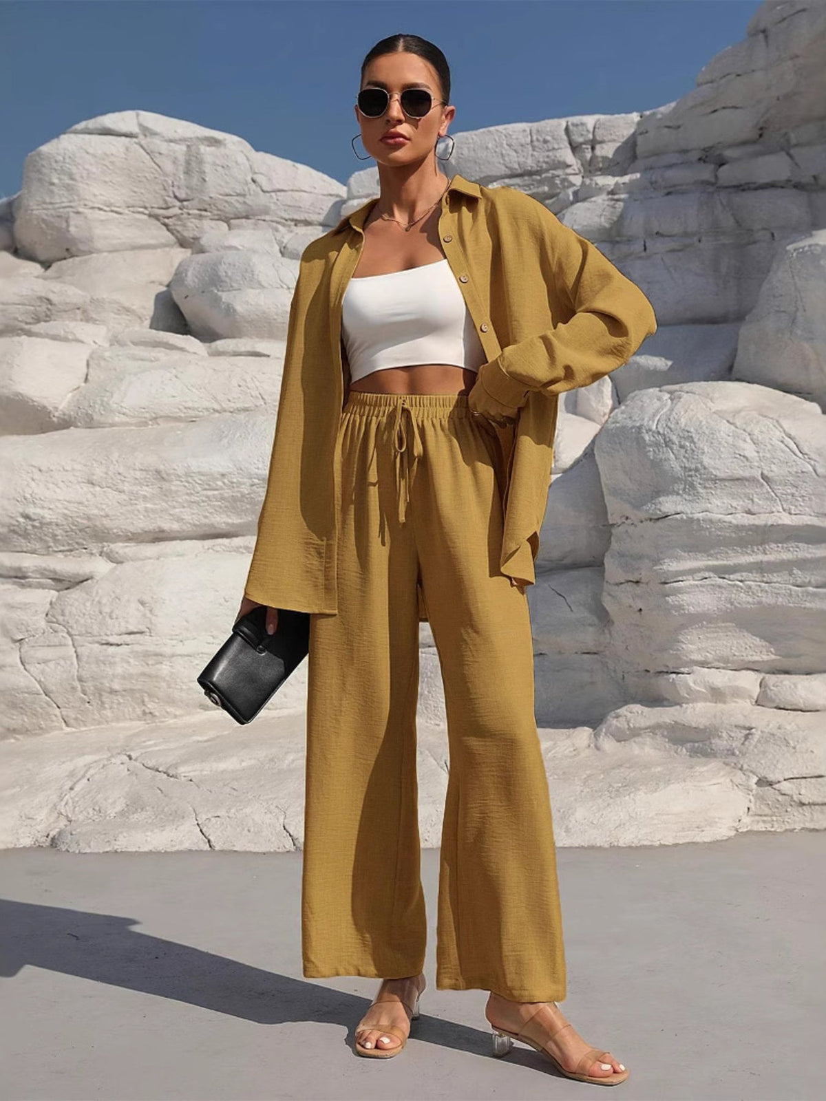 Button Up Long Sleeve Shirt and Pants Set