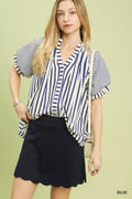 Umgee Striped Notched Top with Short Flutter Sleeves