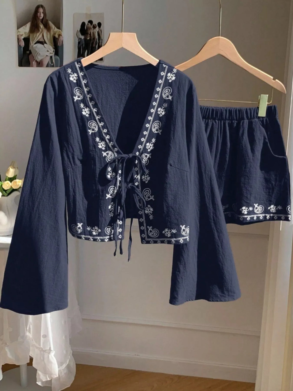Embroidered Tie-Front Top & Shorts Set