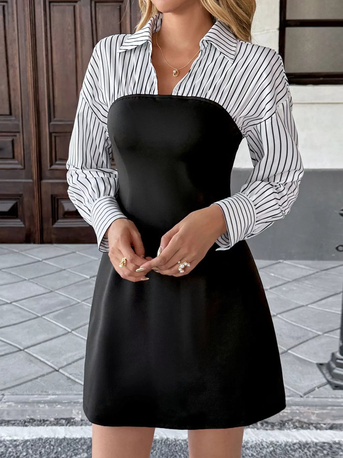 Striped Shirt Panel Bodycon Mini Dress