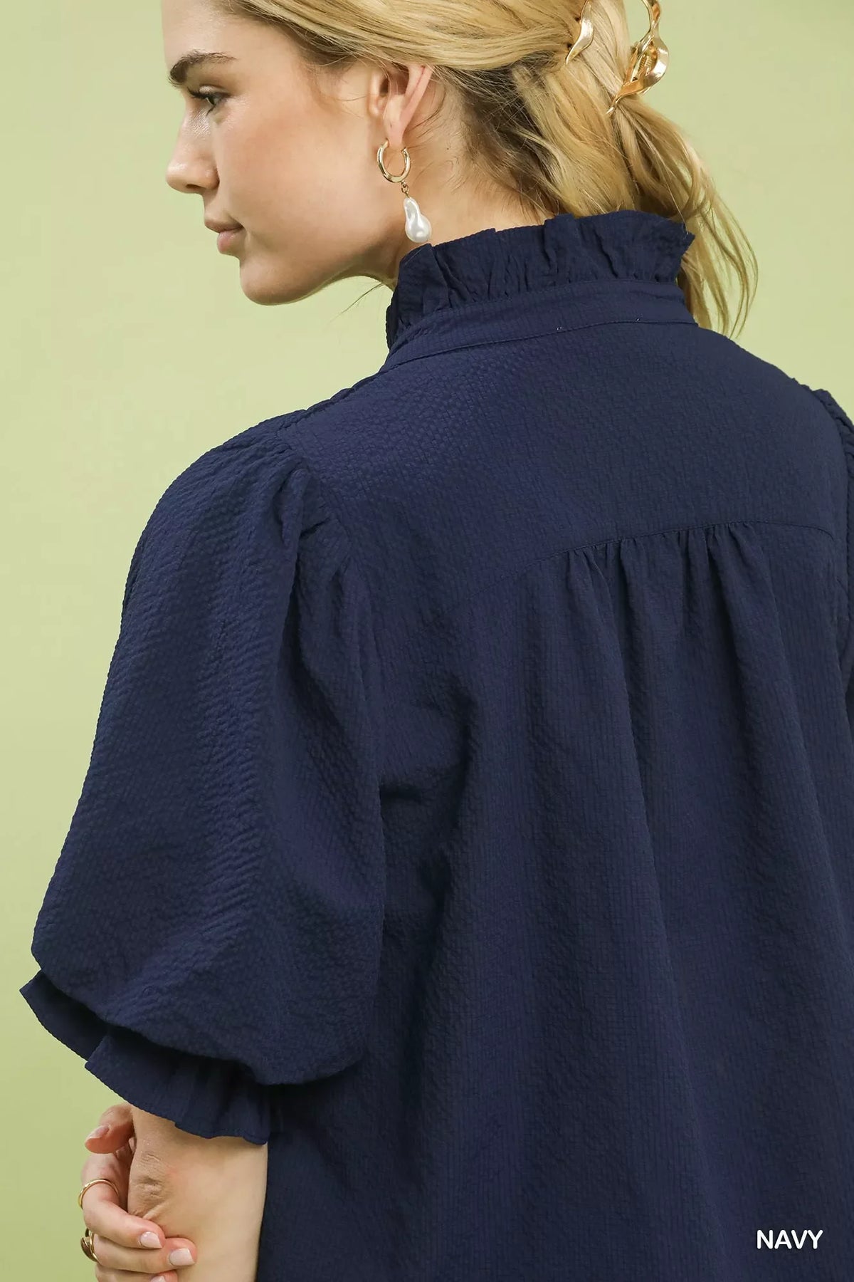 Umgee Textured Smocked Yoke Split-Neck Top