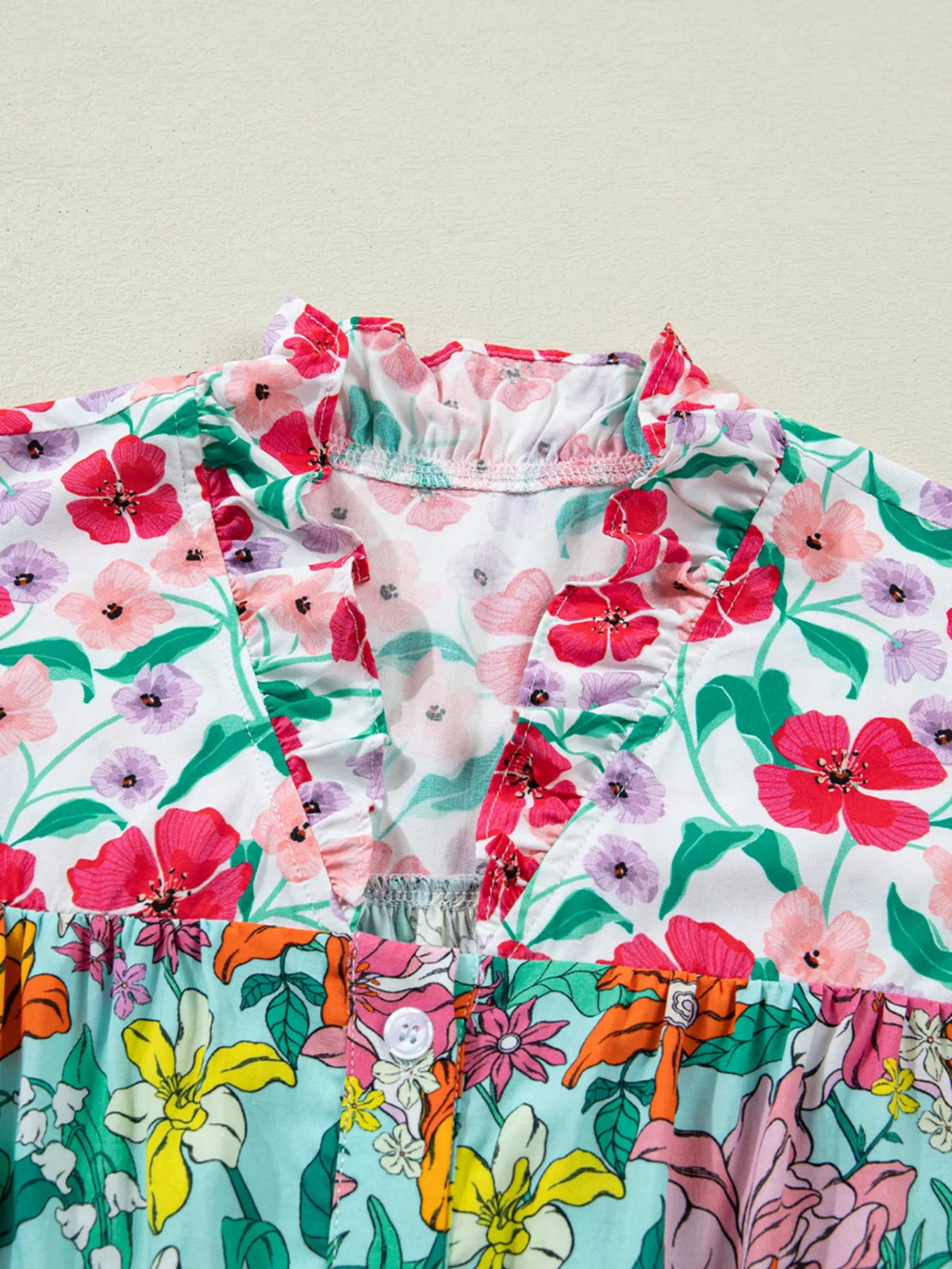 Floral Print Split Neck Button Front Flutter Sleeve Blouse