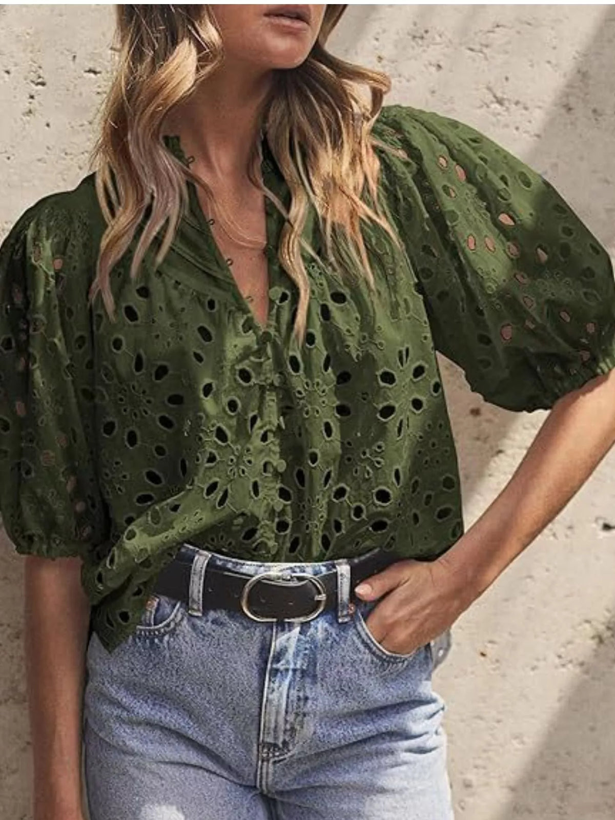 Eyelet Embroidered Puff Sleeve Blouse